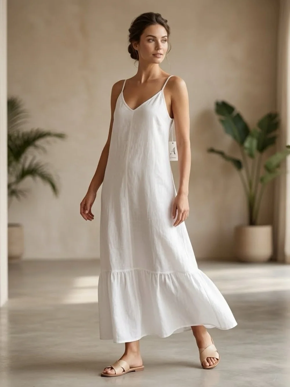 White 100% Linen Tiered Maxi Slip Dress Size M VGUC - Picture 1 of 10